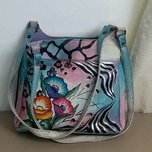 ANUSCHKA Safari Flower Hand Painted Leather TRIPLE COMPARTMENT Shoulder Bag